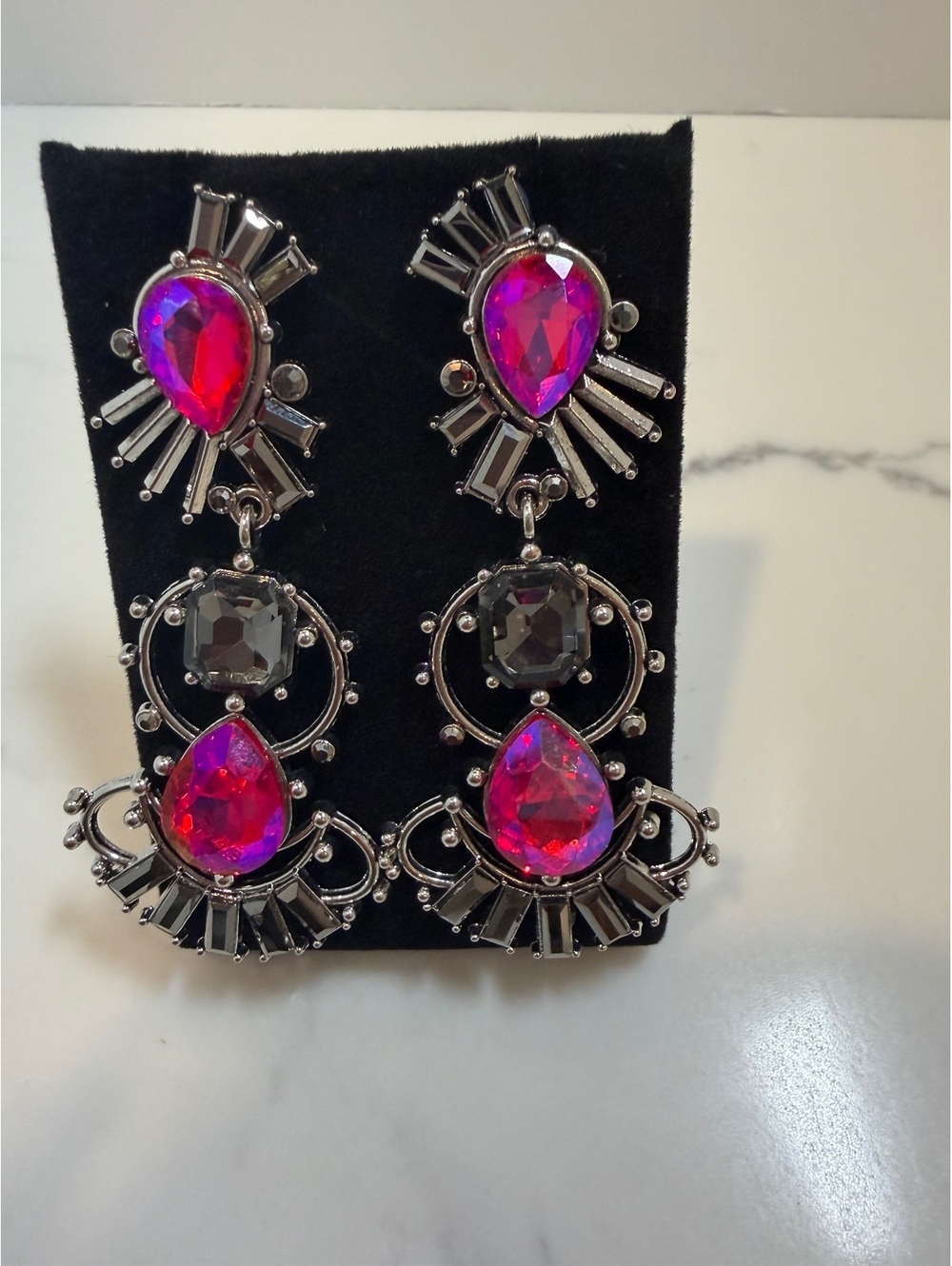 Vintage Style Statement Earrings with Pink and Black Gemstones